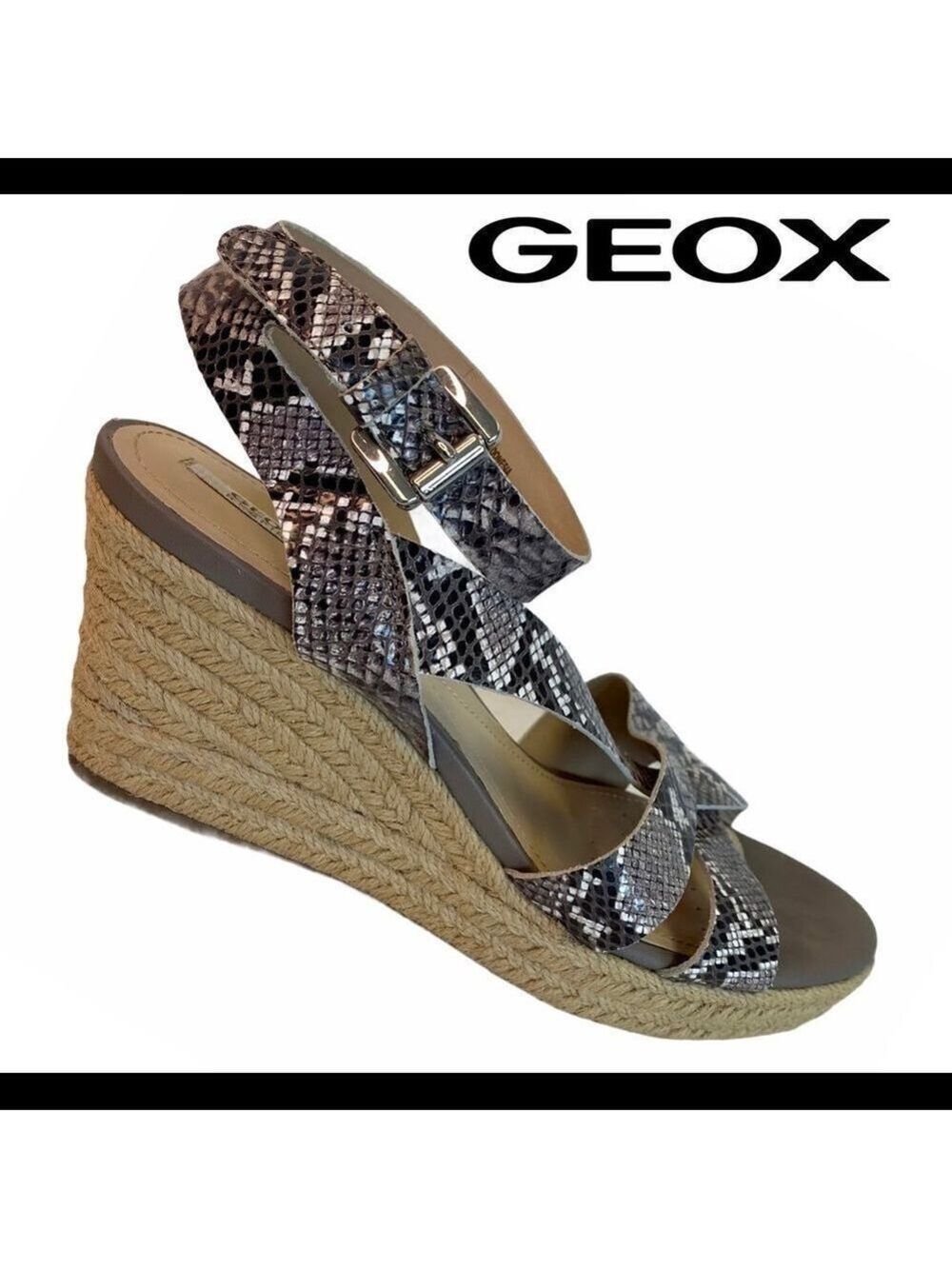 Geox Taupe snakeskin leather wedge espadrilles 39